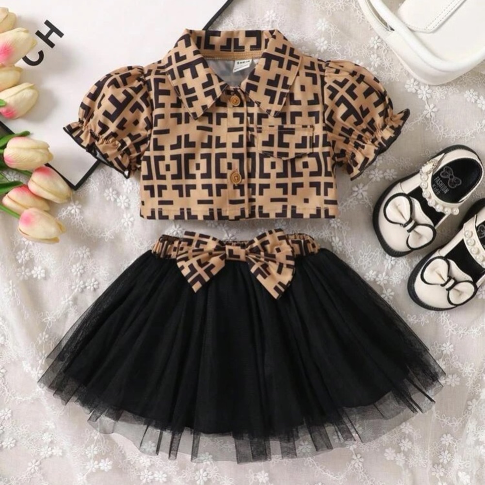 Baby Geo Print Puff Sleeve Blouse & Bow Front Mesh
Overlay Skirt